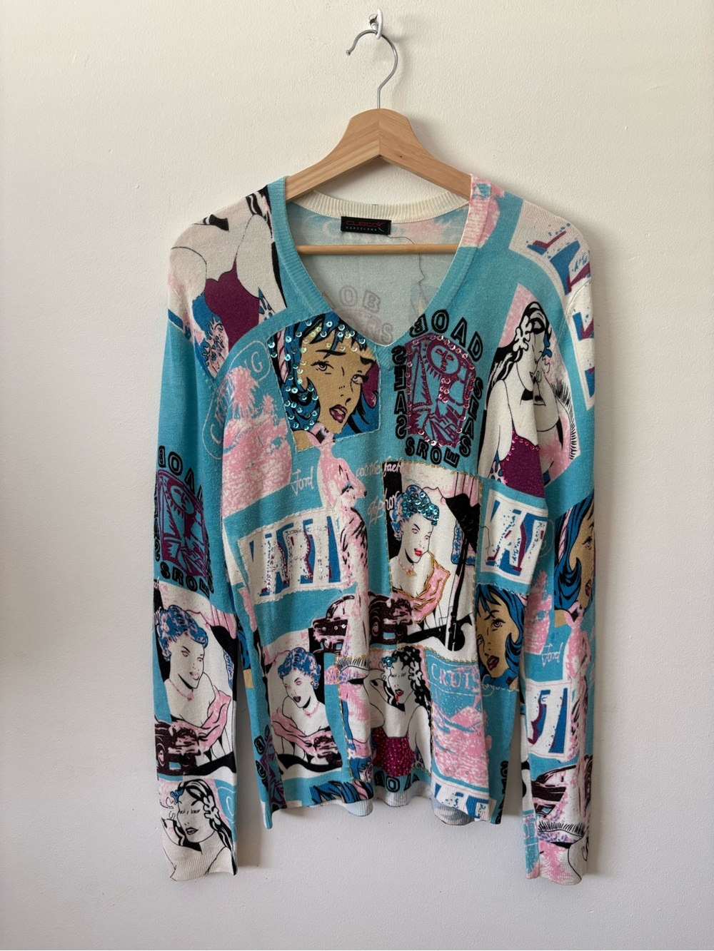 Custo Barcelona Aqua, Pink & Black Pop-Art V-Neck Sweater